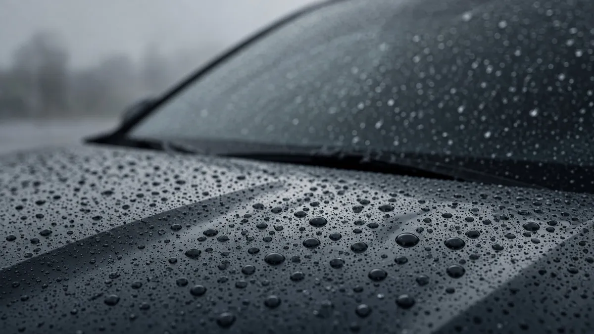 Capô e para-brisa de carro escuro cobertos de gotas de chuva em dia nublado