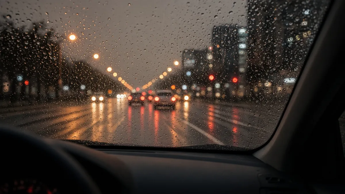 Vista de dentro do carro pelo para-brisa com gotas de chuva e luzes da cidade