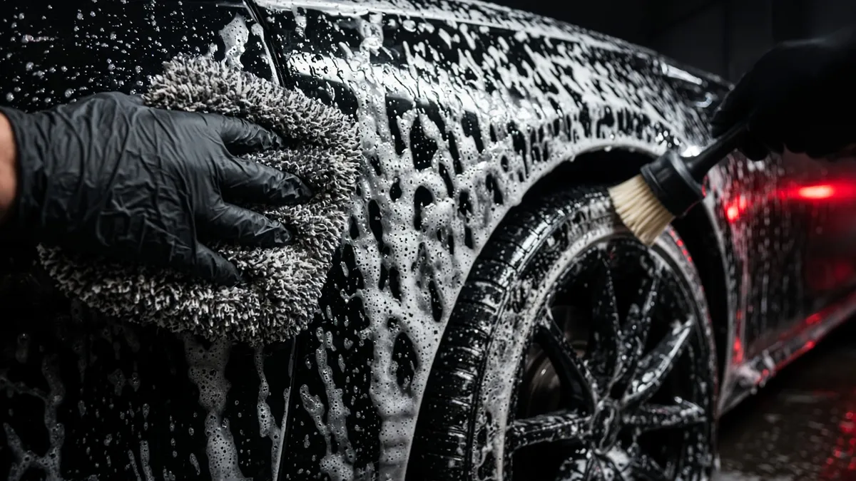 Ilustração de carro coberto de espuma durante a lavagem
